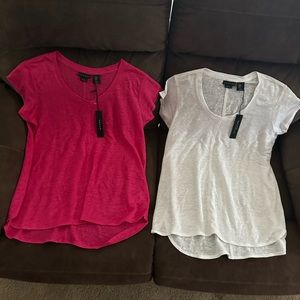 Tahari NWT V-neck Tees 100% Linen Short Sleeve Fushia Pink & White Tops